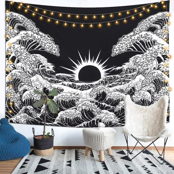 Svartvit Ocean Tapestry Väggbonad för Vardagsrum Sovrum