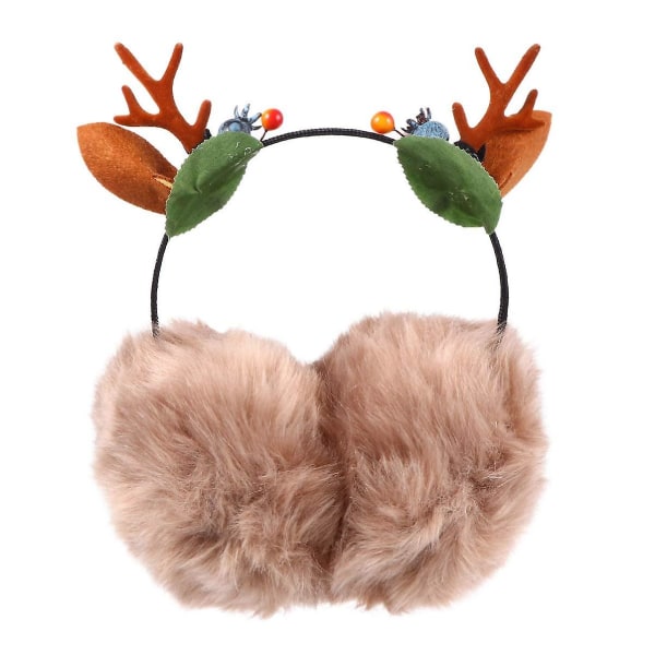 Christmas Earmuffs Cartoon Reindeer Antler Headband Warm Winter Ear For Xmas Holiday Party Headdress Khaki