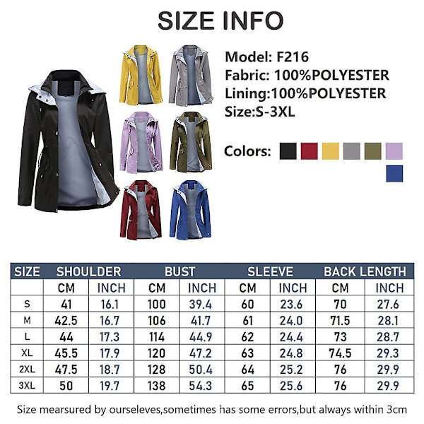 Vanntett frakk for kvinner, vindjakke for utendørsbruk, plussstørrelse (2XL)