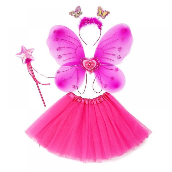 Fairy Wings Kostym Barn, Princess Fairy Costume Fairy Butterfly Wings Set Girl Kort kjol Wings Wand, Rose Red Enfärgad färg