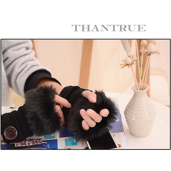 Damhandskar Vinterpälshandskar, stickade fingerhandskar, halvfingerhandskar med knapp, varma och vindtäta vinterhandskar（svarta）