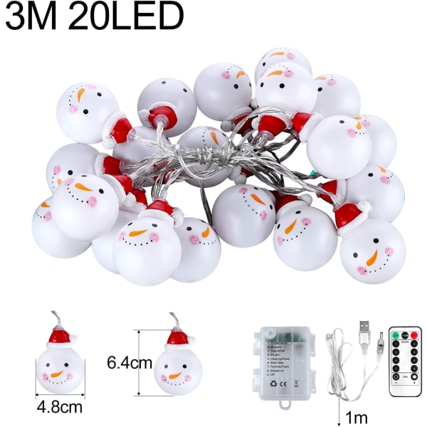 20 LED Snögubbe ljusslinga varmvita ljusslinga för trädgårdar