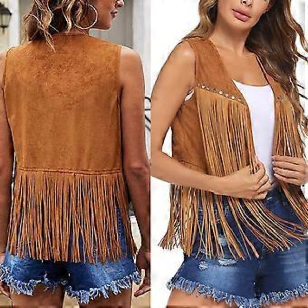 Frynsväst Dam Faux Suedes Cowgirl Kostym Öppen Framsida Tofsar 70-tals Hippie Kläder Sommar Kofta Ytterkläder Streetwear Khaki S S