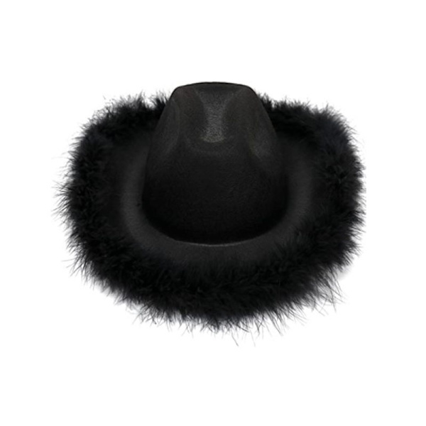 Svart cowgirlhatt med fjäderboa, fluffig fjäderkant, vuxenstorlek, möhippa cowboyhatt