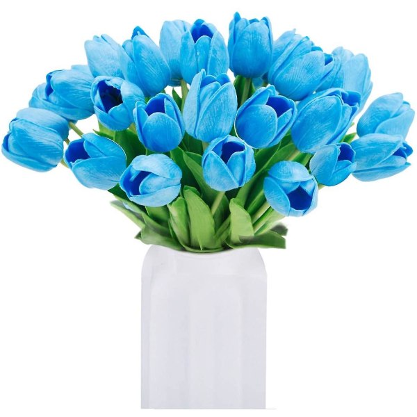 Kunstige Tulipaner Holland Mini Tulipaner Real Touch Blomster 24 Stk Til Diy Hjem Fest Bryllupsdekoration (blå)（Blå）