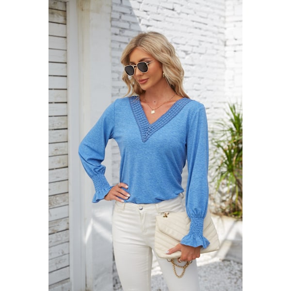 Langermet T-skjorte for kvinner, ensfarget V-hals Patchwork Løs Bluse, M M