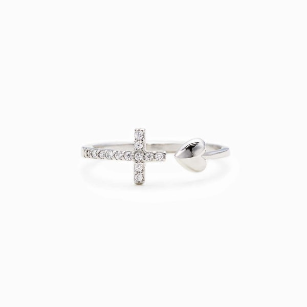 Silver Justerbara Korsringar För Kvinnor Män Älskar Cz Stapelbar Öppen Ring i sidled Cross Christian Religious Ring