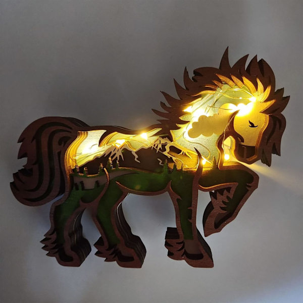 Monikerrostettu puinen 3D-hevoskoriste, hevoskoriste puinen eläin monikerroksinen kaiverruskäsityöt, 3D-ontto metsäeläin puinen riippuveistos LED-valolla, uudenvuoden kodin joulukoriste