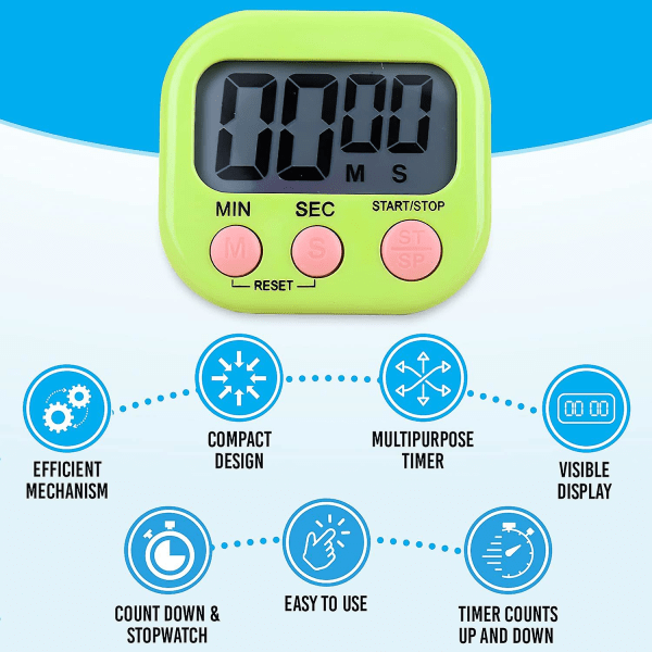 Magnetisk kjøkkenur - Digital visuell timer - Lysende display - Nedtelling og stoppeklokke (Grønn)