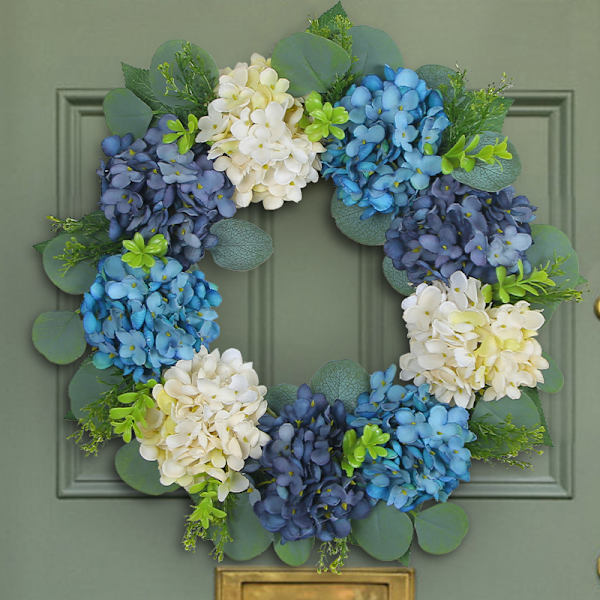 Blå og hvid hortensia krans, juledekoration, 40cm