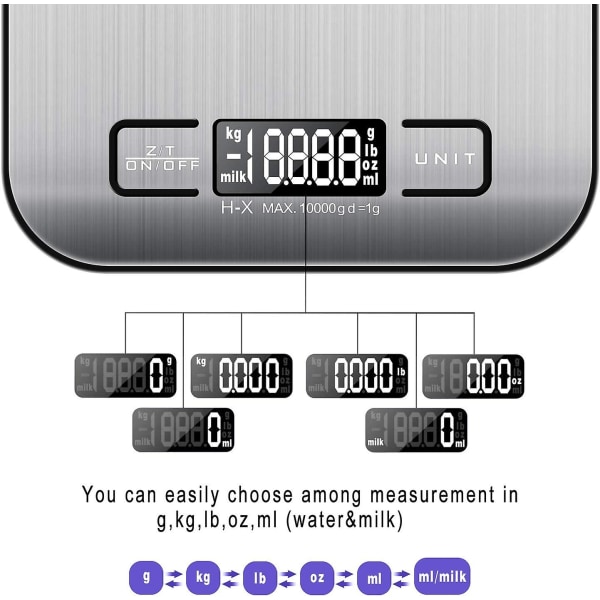 Digital køkkenvægt 10kg /1g Rustfrit stål Elektronisk vægt Baggrundsbelyst Lcd