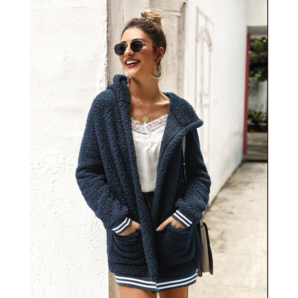 Kvinners Oversize Fleece Plysj Jakke Lang Ermet Cardigan Yttertøy Teddy Jakke（M Blå）