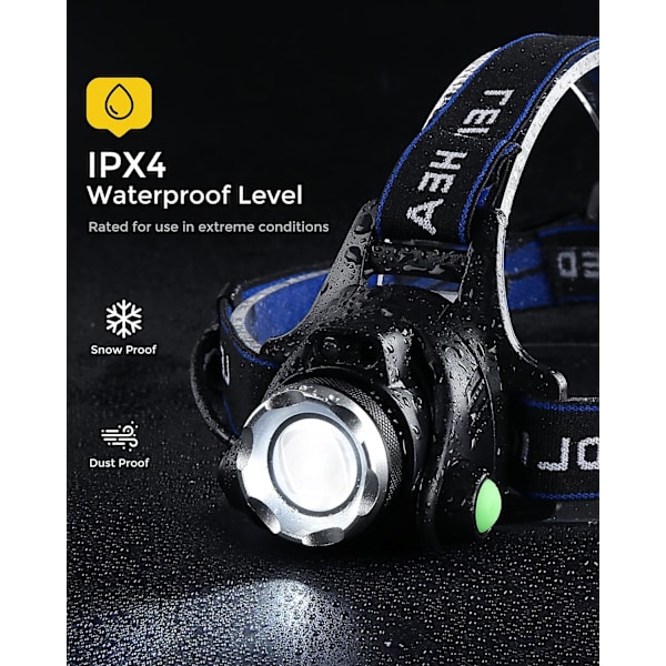 Hodelykt, USB-oppladbar LED-hodelykt, IPX4 vanntett T004 hodelykt med 4 moduser og justerbart hodebånd, perfekt for camping, fotturer, utendørs, jakt (én stk)