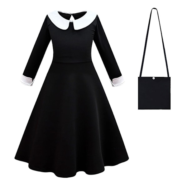 Wednesday Addams Cosplay-dansekjole for jenter til Halloween (160 cm med veske)