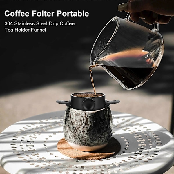 Fällbart bärbart handbryggt kaffefilter, droppkon med rostfritt stål, inget filterpapper, ultrafint filter, svart