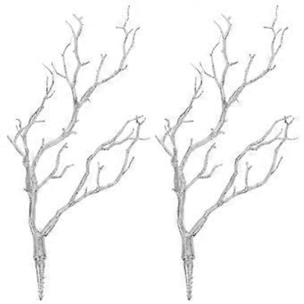 2 stk. Dekorative Grener Plastikk Tregrener Dekor Ornament Pynt Simulert Gren Ornamenter (Sølv)