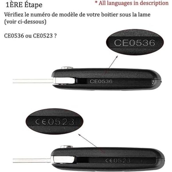 (2 Knapper  CE0536) 2 Knapper Nøkkelskall Kompatibel CE0536 Folding Flip Nøkkel for Peugeot 207 307 308 407 408 3008 5008 Citroen C2 C3 C4 C5 C6 C8