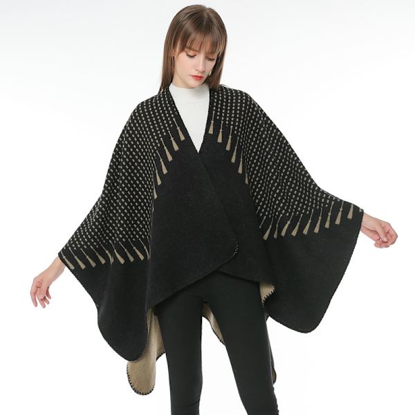 Grå Poncho för kvinnor i ull, vinter, extra stor filt, sjal