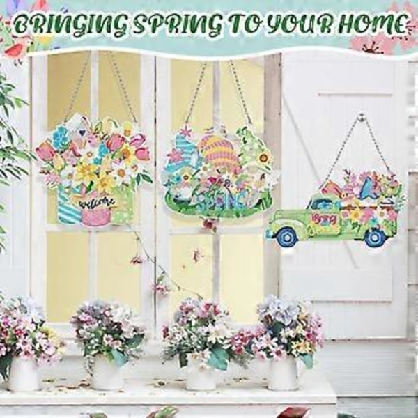 3 st Vårgnom Diamantkonst Kit DIY Vår Diamantmålning Kit Gnom Diamant Hängande Skylt Blommor Kristallgnom Vår för Vuxna Nybörjare Diamo