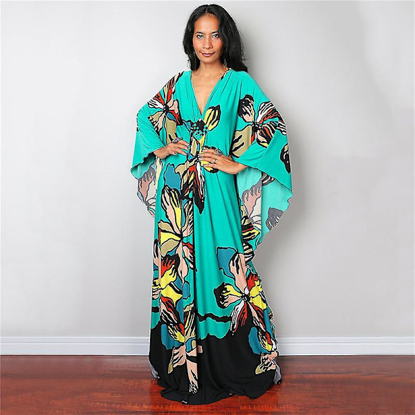 Dames Print Maxi Kjole Flagærme Strandkjole Plus Size Sommerkjole Strandtøj Kaftan Cover-ups Dn0530