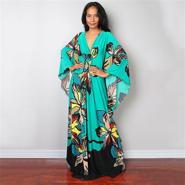 Maxiklänning med print för damer Batwing Sleeve Beach Dress Plus Size Sundress Beachwear Kaftan Cover-ups Dn0530