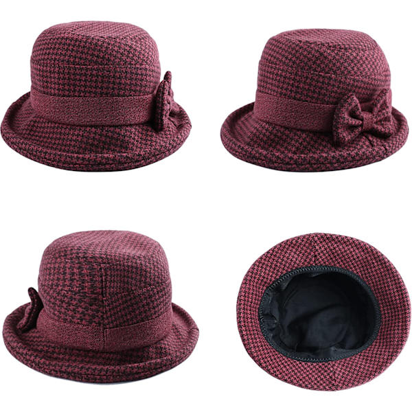 Naisten bowler-hattu, jossa käännettävä reuna, retro talvihattu, jossa säädettävä rusetti - Punainen