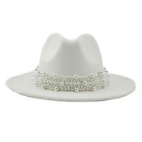 Cashmere Fedora-hatte med bred skygge til kvinder og mænd, elegante hatte ensfarvet Panama-hat med perlebesat dekorativ skygge (Hvid)