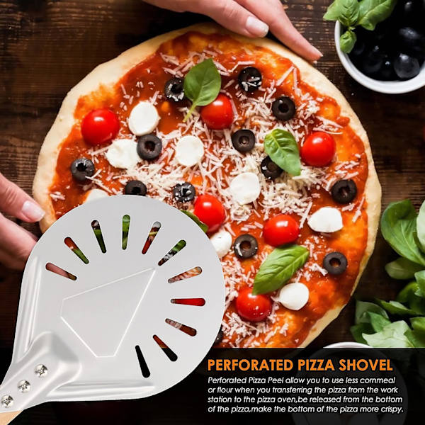 Pizzaspade 7 tum, perforerad pizzaspade Total längd 40 cm, aluminium pizzaspade med träkökstillbehör