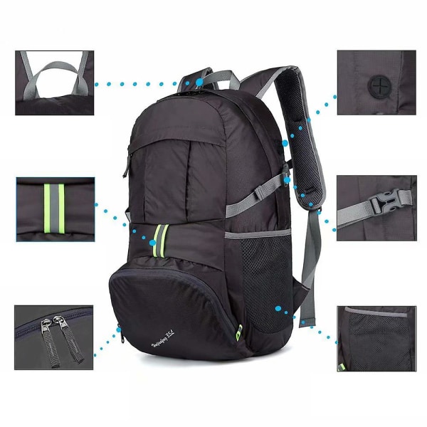 Ultralätt packbar ryggsäck, 20l hopfällbar, campingvandringsdagssäck