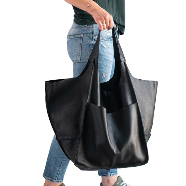 Stor handväska i PU-läderväska för kvinnor Arbetsväska Axelväskor Handväska Mjuk Crossbody Oversized väska Svart