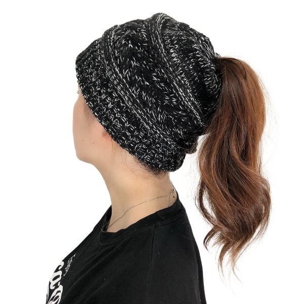 Beanietail Mjuk Stretch Kabel Stickad Messy Hög Bun Ponytail Beanie Hat（Mörkgrå）