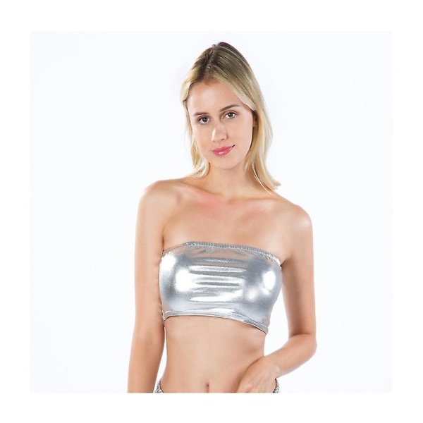 Dam glänsande metallisk Spandex Boob Tube Mini BH Top Super Crop Top Dancewear Clubwear L Silver