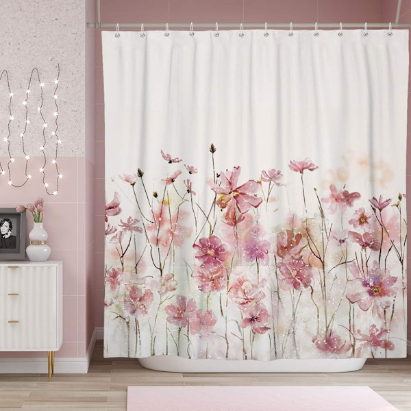 Rosa Blommönster Polyestertyg Duschdraperi Gardiner Set Tvättbar
