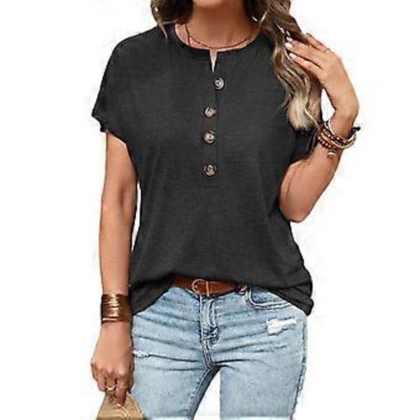 Casual T-shirts til kvinder med korte ærmer, rund hals, tunika toppe med knapper, ensfarvede sommer toppe, Henry skjorte, Sort XL (BlackXL) Black XL