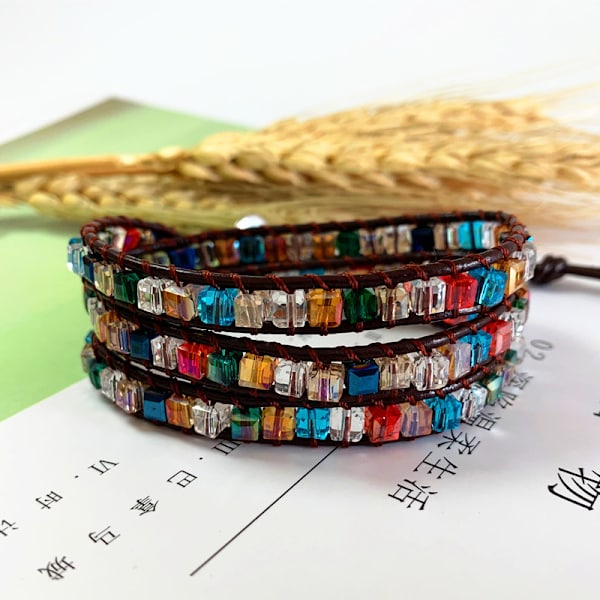 Læderarmbånd i lag til kvinder, boheme-stil flerlagsarmbånd med diamantperler til kvinder, piger og damer