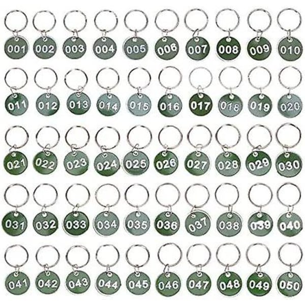 1-50 siffror Nyckelring Nummer Taggar Skåp Gym Nyckelringar Graverade nummer med nyckelringar Nyckelring Aluminium siffror Tag（Grön）