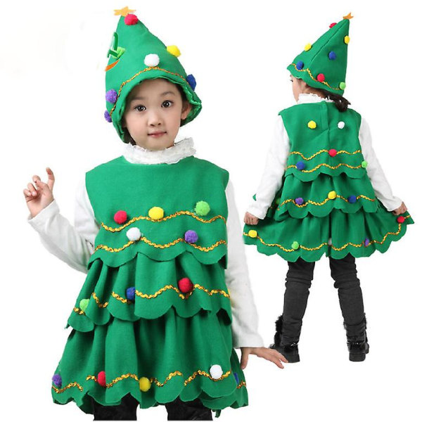 Børn piger juletræskjole Cosplay kostume Fancy præstationskostume med hat（140 cm）