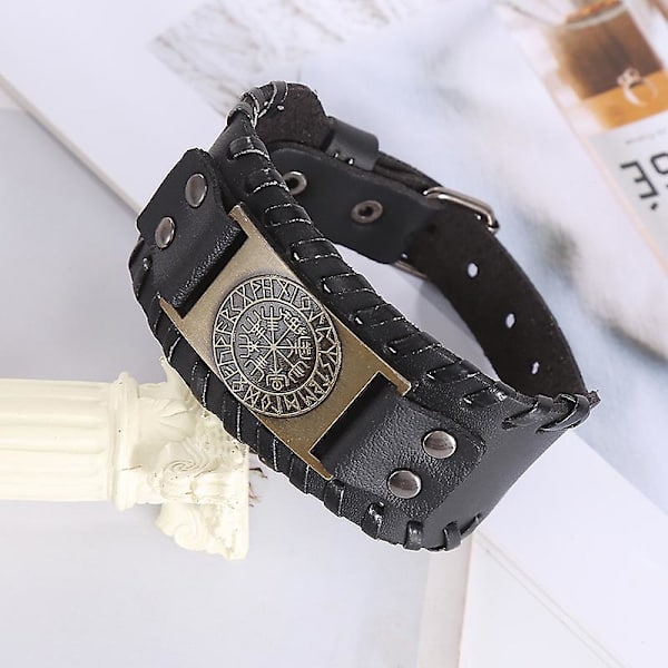 Brun Viking Armbånd Justerbar Mansjett Armring Håndleddsbånd Med Vegvisir Kompass Norrønt Amulet Keltisk Pagansk Smykke（B）