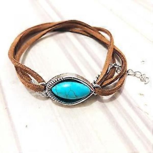 Boho Teal Halsband Kedja Brunt Läder Choker Halsband Mocka Hippie Smycken för Damer och Flickor, Fri storlek