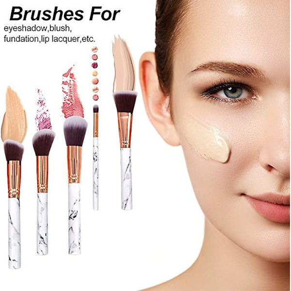 Makeup-børstesæt i marmor - bærbare kosmetiske børster til kontur, skygge, highlighter, foundation osv. 10 stk.
