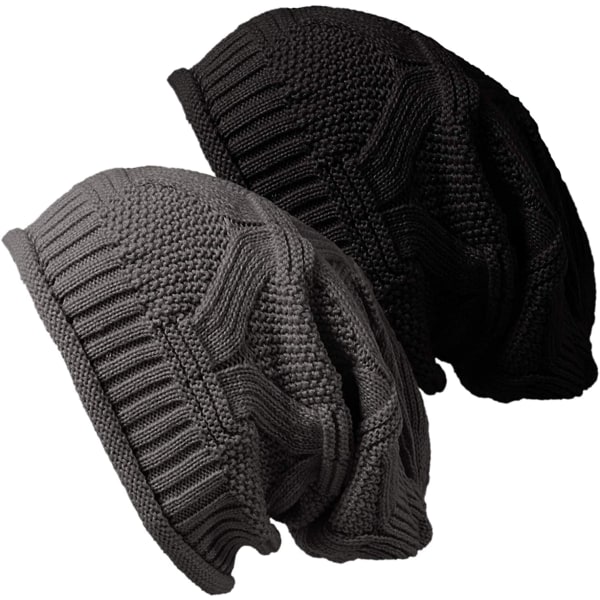 Noir + gris épaissi dubbel laine tricotée fleur de chanvre chapeau heap heap chapeau chaud (2 stycken)