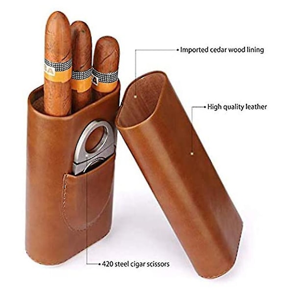 Cigarhållare i läder för 3 fingrar, cigarrhumidor fodrad med cederträ, brun