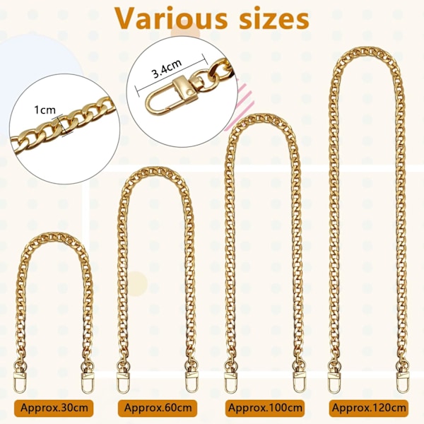 Guld - Handväskkedja, 4-delad metallersättningskedja, handväskkedja med vridlås, ersättningskedja för handväska, axelväska