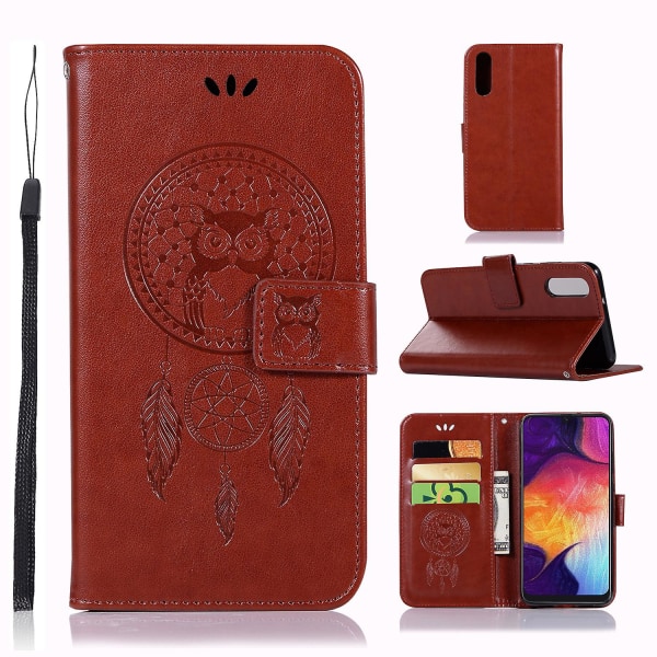 För Samsung Galaxy A50 Global Wind Chime Owl Präglingsmönster Horisontellt Flip Läder Phone case(Brun)