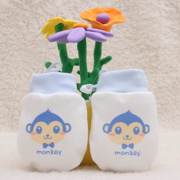 Baby Anti-scratch Vantar Nyfödda Pojkar Flickor Bomull Vantar Gåvor För 0-6 Månader Monkey Blå