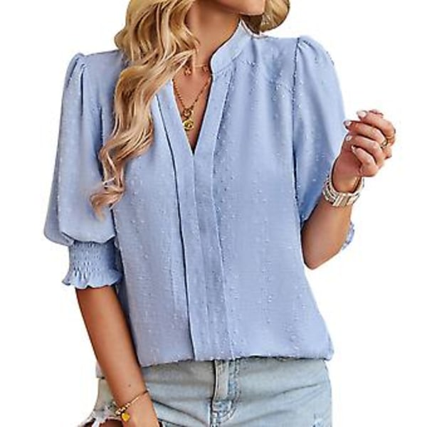 Dam Halv Ärm V-ringad Topp Elegant Trendig Enfärgad Puffärm Elastisk Rynkad Manschett Skjorta Blus (LBlå) Blue L