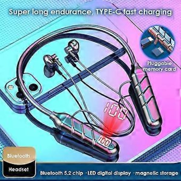 Langattomat Bluetooth 5.2 -kaulakuulokkeet magneettisella LED-näytöllä, HIFI-kuulokkeet, vedenpitävät