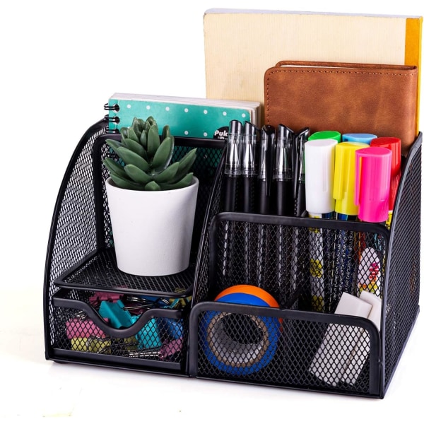 (Black)Simple Mesh Desk Organizer with Sliding Drawer, Desk Organ