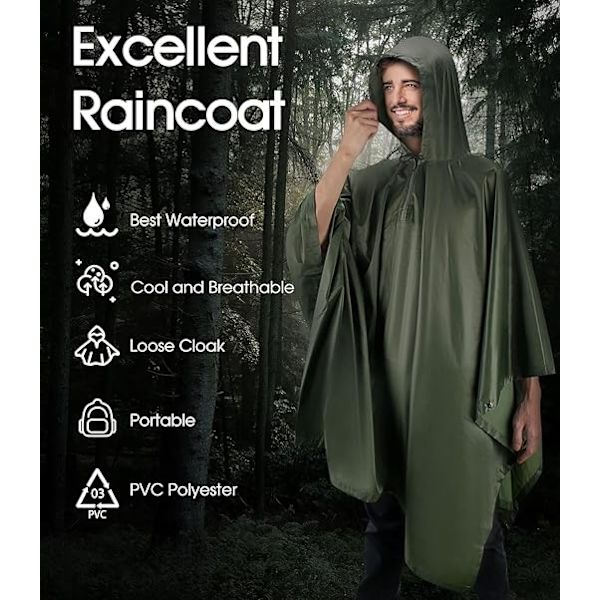 Sotilasvihreä 140 * 200cm vedenpitävä ponchohuppu, 3-in-1 militar