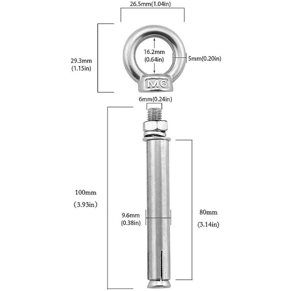 M6 X 100 mm laajennuspultit 304 ruostumaton teräs betoni laajennusankkuri silmäruuvit ankkurit pultit 2-pakkauksessa